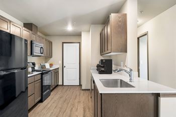 A kitchen with a sink and a stove and a refrigerator